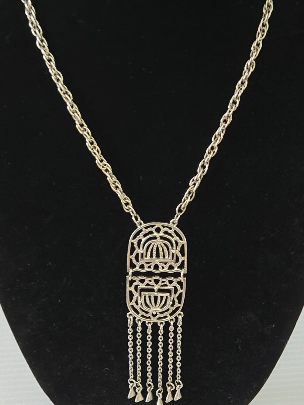 Vintage Artisan Silver Tone Fringe Pendant Necklace Boho Statement Piece